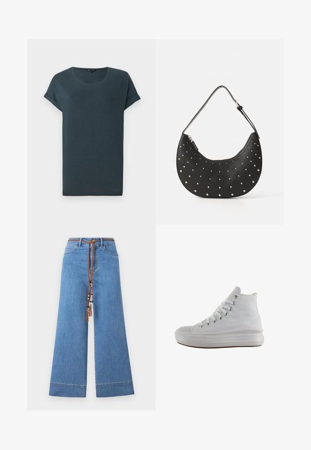 T-shirt gris foncé à manches courtes avec un col rond, texture douce et manches roulées, présentant un design simple et sans embellissement.; Jeans en denim large bleu clair avec une taille à cordon tressé marron, ornés de perles décoratives et d'un design traditionnel à cinq poches.; Baskets montantes en toile blanche avec lacets blancs, œillets métalliques, semelle épaisse en caoutchouc et bout texturé, orientées vers la gauche sur fond blanc.; Sac à main en cuir noir avec une forme arrondie, orné de clous en argent, doté d'une fermeture éclair et d'une seule sangle ajustable.