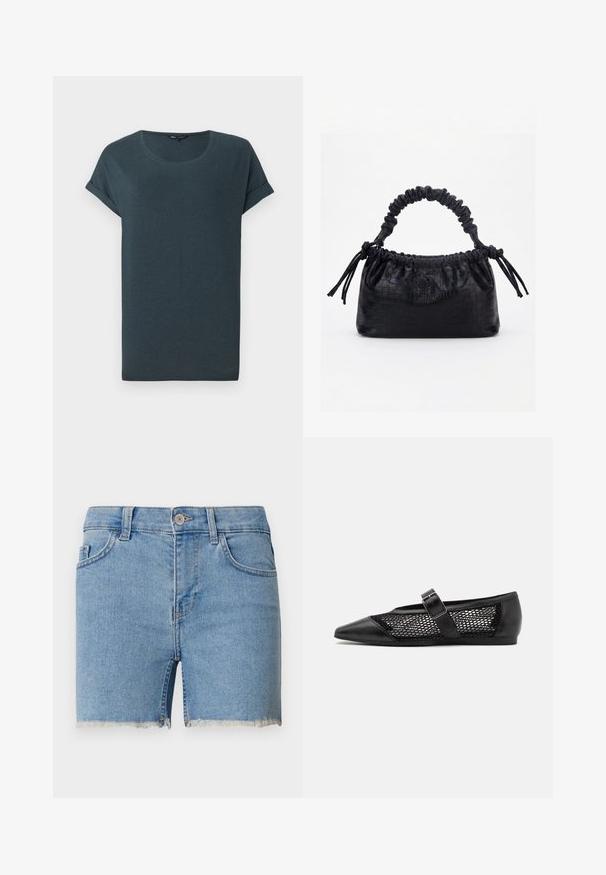 T-shirt gris foncé à manches courtes avec un col rond, texture douce et manches roulées, présentant un design simple et sans embellissement.; Shorts en denim bleu clair avec un ourlet effiloché, design à cinq poches et passants de ceinture. Fermeture à bouton à la taille.; Chaussure plate noire avec un bout pointu, panneaux latéraux en maille et une sangle avec une boucle décorative. Fini lisse sur les sections du bout et du talon.; Sac à main noir avec texture crocodile, bord supérieur froncé, poignée plissée et pompons à cordon de chaque côté sur fond blanc.