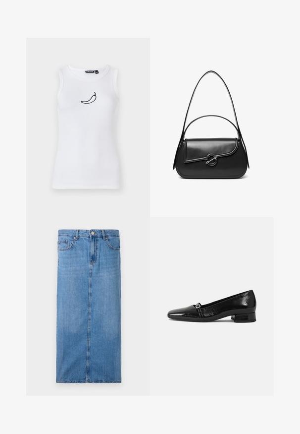 Hvid ribbet top med sort chili peber broderi på brystområdet. Fremstillet af blødt, strækbart materiale.; Denim midi-nederdel i lyseblå, med en lige silhuet, front søm og standard talje med fem bæltesløjfer og metal knap lukning.; Sorte patentlæder balletflade med spids tå, lav firkantet hæl og en lille metallisk spænde detalje på remmen. Glat tekstur.; Sort skuldertaske i læder med en buet klap, der er fastgjort med en rund metal spænde, og en slank, justerbar rem.