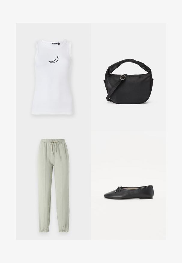 Hvid ribbet top med sort chili peber broderi på brystområdet. Fremstillet af blødt, strækbart materiale.; Lys grønne sweatpants med elastisk talje, justerbar snøre og tapered manchetter. Har vertikale sømdetaljer langs fronten.; Sort læder balletflade med en rund toe og en dekorativ sløjfe detalje. Designet har en glat tekstur og en lav, flad hæl.; Sort stof skuldertaske med et snoet håndtag, en aftagelig rem og en lynlåslukning i toppen. Glat tekstur og minimalistisk design.