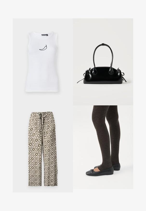 Débardeur blanc à côtes avec une broderie de piment noir sur la poitrine. Fabriqué à partir d'un matériau doux et extensible.; Pantalons larges imprimés en vert olive et blanc. Dotés d'un motif en losanges et d'une taille avec cordon de serrage. Fabriqués en tissu léger.; Jambes portant des leggings côtelés foncés associés à des ballerines noires avec de petits détails en nœud sur fond blanc.; Petit sac à main noir brillant avec deux longues anses et des détails à cordon sur les côtés sur un fond clair uni.