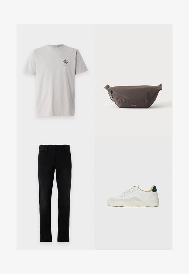T-shirt en coton gris à manches courtes, comportant un petit motif graphique sombre sur la zone gauche de la poitrine. Style classique à encolure ronde.; Jeans en denim noir avec une coupe droite, style cinq poches et une taille standard, dotés de détails de couture subtils.; Baskets blanches avec des accents en daim, bout arrondi, lacets plats et semelle en caoutchouc crème. Présente une marque verte sur le talon.; Sac banane en tissu marron foncé avec poche zippée en diagonale et petit logo blanc sur le devant, sur un fond clair uni.