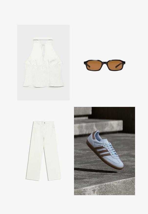 Bílý halter top bez rukávů s průstřihem u krku a zavazováním, se zužujícím se pasem a mírně rozšířeným lemem.; Bílé džíny s vysokým pasem a rovnými nohavicemi, s předními kapsami a zapínáním na knoflík na bílém pozadí.; Světlé modré tenisky s hnědými semišovými doplňky, vybavené třemi bočními pruhy, plochými tkaničkami a strukturovanou gumovou podrážkou. Logo značky na jazyku.; Černé obdélníkové sluneční brýle s tlustými obroučkami a hnědými zbarvenými čočkami, zobrazené zepředu na bílém pozadí.