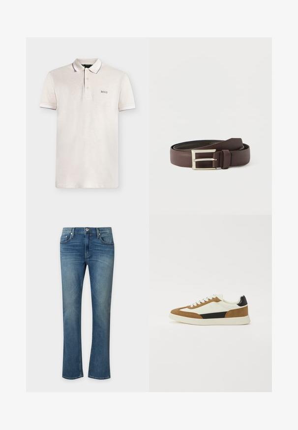 Polo blanc à manches courtes avec trois boutons et logo "BOSS" sur la poitrine gauche.; Jean en denim bleu avec une légère patte d'éléphant, fermeture avant par bouton et fermeture éclair, et poches avant et arrière.; Baskets présentant un mélange de matériaux blancs, bruns et noirs, avec un design en daim et cuir, une forme à bout rond et une semelle plate en caoutchouc.; Ceinture en cuir marron avec une boucle métallique argentée, une texture lisse et un design simple sans motifs ni ornements visibles.