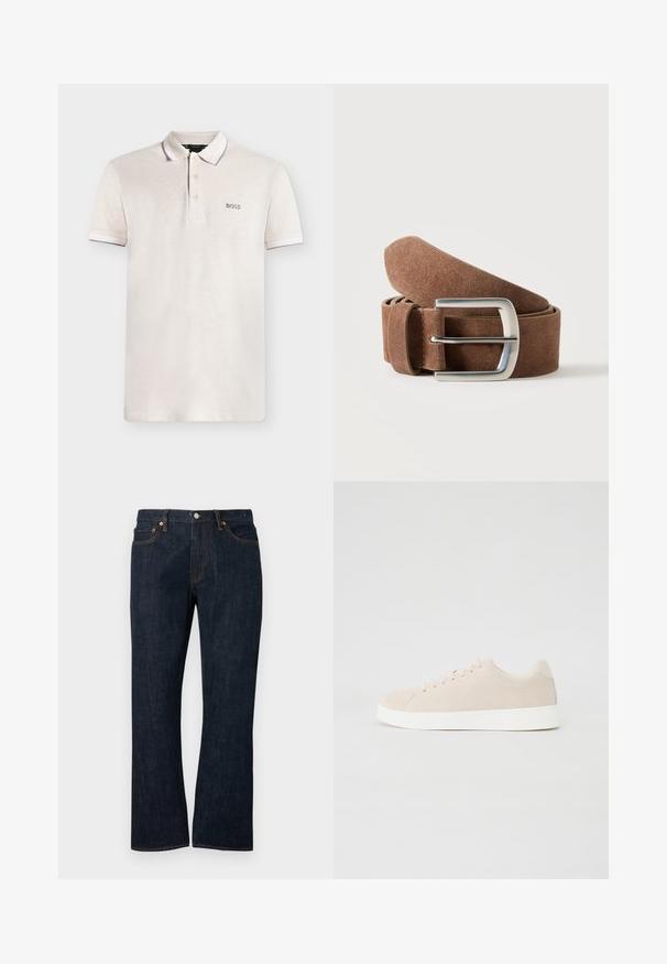 Polo blanc à manches courtes avec trois boutons et logo "BOSS" sur la poitrine gauche.; Jean droit en denim bleu foncé avec poches avant, rivets en cuivre et fermeture par bouton.; Baskets en daim beige avec semelles en caoutchouc blanc, bout rond et six œillets pour les lacets. Texture lisse avec un design minimaliste.; Ceinture en daim marron roulée avec une boucle rectangulaire en métal argenté sur un fond clair uni.