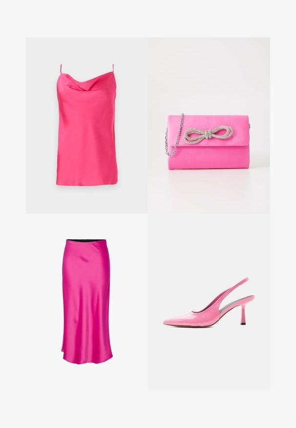 Ermeløs top i fuchsia satin med cowl-udskæring og tynde stropper. Glat tekstur med blød fald, der har en lige kant nederst.; Satinskjørt i midi-længde i lys pink med en glat tekstur, med et slankt snit og en sort taljebånd for kontrast.; Blank lyserød slingback-pumpe med spids tå og mellemhøj blokhæl på hvid baggrund.; Rosa faux suede clutch med en sølv kædestrap og en rhinestone sløjfe detalje foran. Rektangulær form med en glat tekstur.
