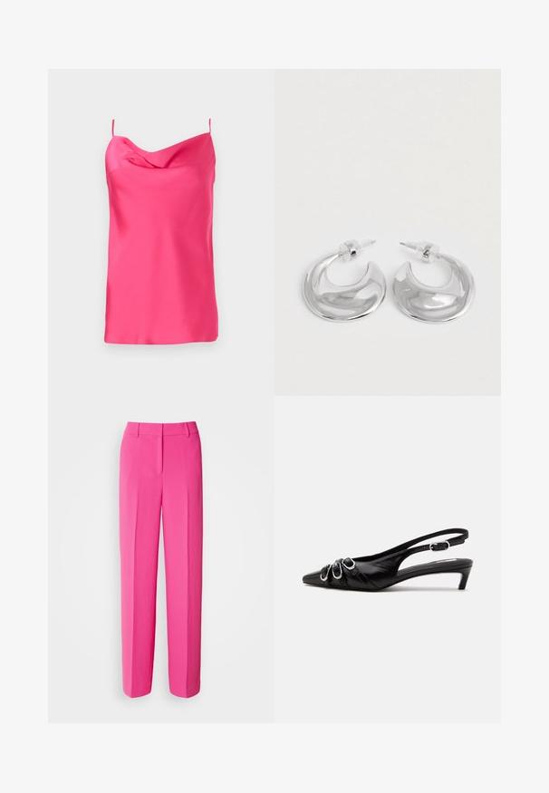 Ermeløs top i fuchsia satin med cowl-udskæring og tynde stropper. Glat tekstur med blød fald, der har en lige kant nederst.; Lys pink skræddersyede bukser med lige ben, der har en glat tekstur, frontplisseringer og en flad talje.; Sort læder slingback sko med spids tå, tre sølvspænder på forsiden og lav lille hæl på hvid baggrund.; Et par polerede sølv halvmåneformede hoop øreringe med klare plastikbagsider på en hvid overflade.