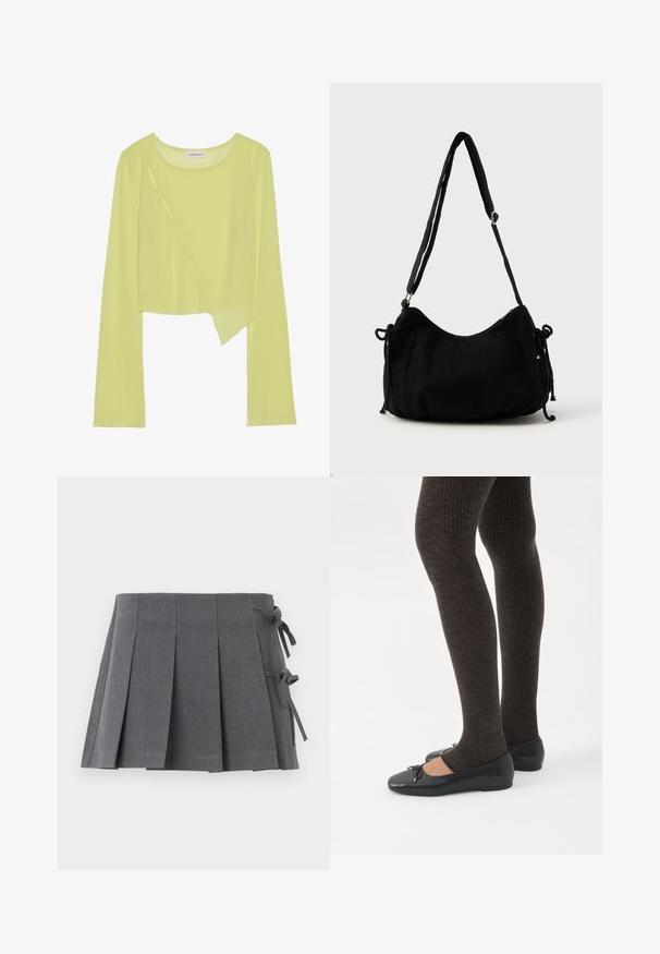 Limetkovozelený dlhý rukáv cropped top s okrúhlym výstrihom a asymetrickým lemom. Ľahká, rebrovaná textúra s dekoratívnymi stehmi.; Sivá plisovaná mini sukňa z textúrovaného materiálu, s viazaním na jednej strane a hladkým pásom pre väčšie pohodlie.; Nohy v tmavých pásikavých legínach v kombinácii s čiernymi balerínkami s malými mašličkami na bielom pozadí.; Čierna kordurová taška na rameno s oblým tvarom, nastaviteľným popruhom a šnúrkami na stiahnutie na oboch stranách na úpravu veľkosti.