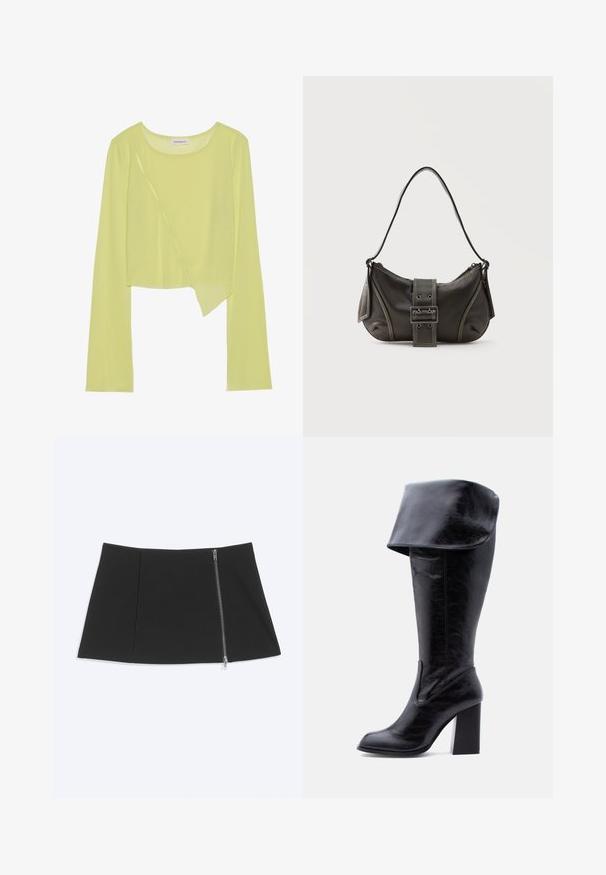 Limegrøn langærmet crop top med rund halsudskæring og asymmetrisk kant. Letvægts, ribbet struktur med dekorative syninger.; Sort mininederdel med en sølv lynlås, der går diagonalt ned langs højre side, glat stof, let udvidet kant.; Høj sort læderstøvle med hæl, foldet kant og rund tå, stående oprejst på en hvid baggrund.; Sort læder skuldertaske med spænde på remmen, afrundede kanter og kontrasterende hvide syninger på en ensfarvet baggrund.