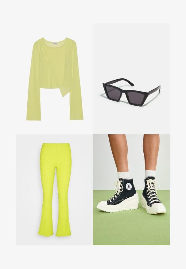 Limetkovozelený dlhý rukáv cropped top s okrúhlym výstrihom a asymetrickým lemom. Ľahká, rebrovaná textúra s dekoratívnymi stehmi.; Even&Odd Nohavice - green; Čierne vysoké tenisky s vyvýšenou bielou platformou, s bielymi šnúrkami a okrúhlym logom na boku. Textúrovaný plátenný materiál.; Čierne, ostré slnečné okuliare so sivými sklami; vyrobené z plastu, majú hrubé ramená s hladkým povrchom a bez viditeľnej mechaniky.