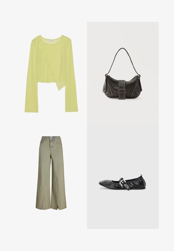 Crop top vert citron à manches longues avec un col rond et un ourlet asymétrique. Texture légère et côtelée avec des détails de surpiqûres décoratives.; Jean large vert clair en denim, avec une taille haute, des fentes sur les côtés et des détails de poches classiques.; Chaussure plate en cuir noir avec un nez pointu, des détails froncés autour de l'ouverture et un accent en boucle argentée sur la bride ajustable.; Sac à épaule en cuir noir avec une sangle à boucle, des bords arrondis et des coutures blanches contrastées sur un fond uni.