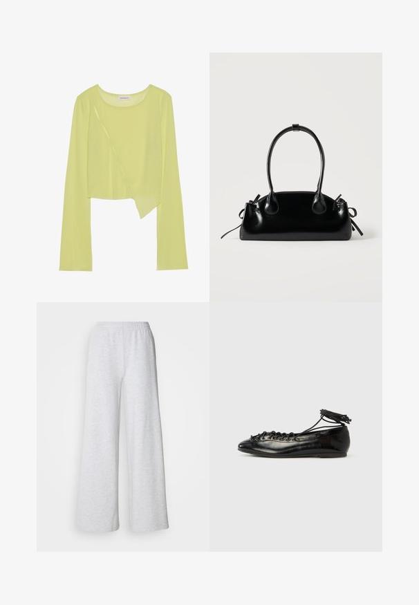 Crop top vert citron à manches longues avec un col rond et un ourlet asymétrique. Texture légère et côtelée avec des détails de surpiqûres décoratives.; Pantalons larges gris clair avec une taille élastique, fabriqués en tissu doux avec une texture subtile et sans motifs ou accents visibles.; Ballerines en cuir verni noir avec un bout rond, un design à lacets et une semelle plate. Texture lisse avec peu de détails.; Petit sac à main noir brillant avec deux longues anses et des détails à cordon sur les côtés sur un fond clair uni.