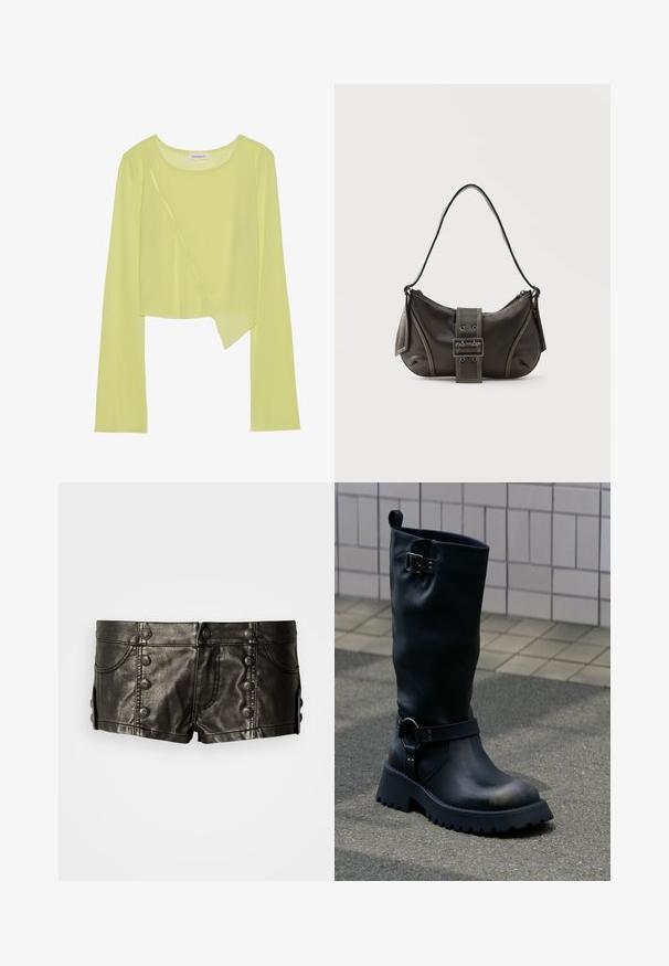Crop top vert citron à manches longues avec un col rond et un ourlet asymétrique. Texture légère et côtelée avec des détails de surpiqûres décoratives.; Shorts en cuir noir taille basse avec boutons métalliques décoratifs sur le devant et les côtés, dotés de poches avant et de détails de couture.; Botte en cuir noir mi-mollet avec semelle épaisse, boucle métallique près du sommet, et bride avec détail anneau au-dessus de la cheville, sur une surface pavée.; Sac à épaule en cuir noir avec une sangle à boucle, des bords arrondis et des coutures blanches contrastées sur un fond uni.