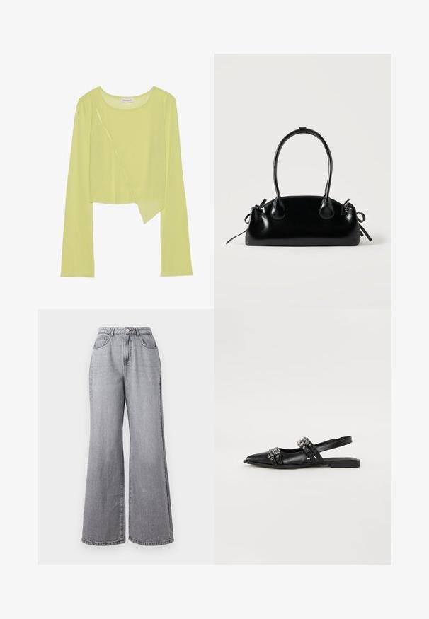 Crop top vert citron à manches longues avec un col rond et un ourlet asymétrique. Texture légère et côtelée avec des détails de surpiqûres décoratives.; Jean large gris clair en denim, avec une taille haute, cinq poches et une texture légèrement délavée. Fermeture à bouton métallique et à zipper.; Even&Odd Ballerines à brides arrière - black; Petit sac à main noir brillant avec deux longues anses et des détails à cordon sur les côtés sur un fond clair uni.