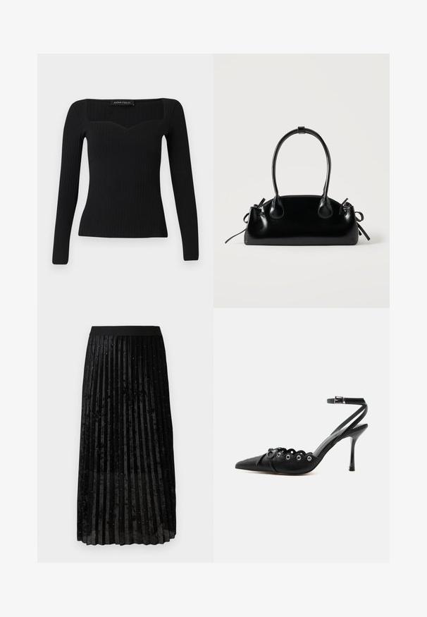 Haut noir à manches longues en côte avec un décolleté carré, présentant une légère forme en cœur et un design ajusté.; Jupe plissée noire en velours, avec une finition texturée ornée de paillettes brillantes réparties uniformément sur le tissu.; Chaussure à talon haut noire à bout pointu, bords festonnés, œillets métalliques, lacets à l'avant et bride de cheville avec fermeture à boucle.; Petit sac à main noir brillant avec deux longues anses et des détails à cordon sur les côtés sur un fond clair uni.