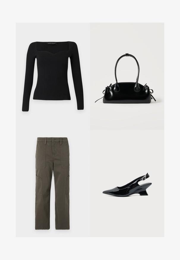 Čierny dlhý rukáv rebrovaný top so štvorcovým výstrihom, ktorý má jemný tvar srdca a priliehavý strih.; Good American CROPPED PANTS - Kapsáče - fatigue; Čierna lakovaná slingback topánka so špicatou špičkou a nízkym šikmým blokovým opätkom na jednoduchom svetlom pozadí.; Malá čierna lesklá kabelka s dvoma dlhými rúčkami a bočnými šnúrkovými detailmi na jednoduchom svetlom pozadí.