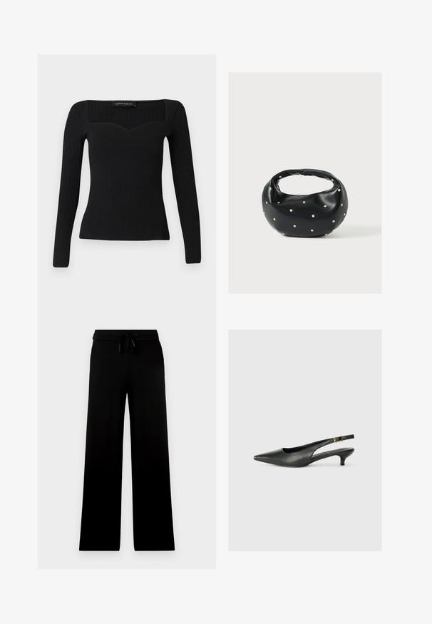 Sort langærmet ribbet top med firkantet halsudskæring, der har en let sweetheart-form og et tætsiddende design.; Sorte vidde bukser med elastisk talje og justerbar snøre, vist på en ensartet lys baggrund.; Sorte spidse slingback-sko lavet af glat læder. Har en tynd hæl og en spænde detalje på den justerbare rem.; Sort læderhåndtaske med en rundet form, dekoreret med sølvnitter, og et kort håndtag. Glat tekstur og lynlåslukning.