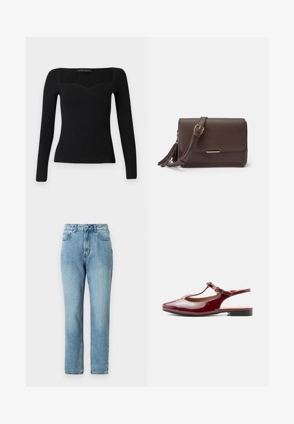 Top negro de manga larga con canalé y escote cuadrado, que presenta una ligera forma de corazón y un diseño ajustado.; TOM TAILOR DENIM Vaqueros mom - clean mid stone blue denim; Zapato slingback de tacón bajo y brillo en burdeos con tira en T, punta puntiaguda y hebilla ajustable sobre un fondo blanco liso.; Bolso cruzado de imitación cuero marrón con cierre de solapa, herrajes en tono dorado y detalle de borlas en el lateral. Correa ajustable para un uso versátil.