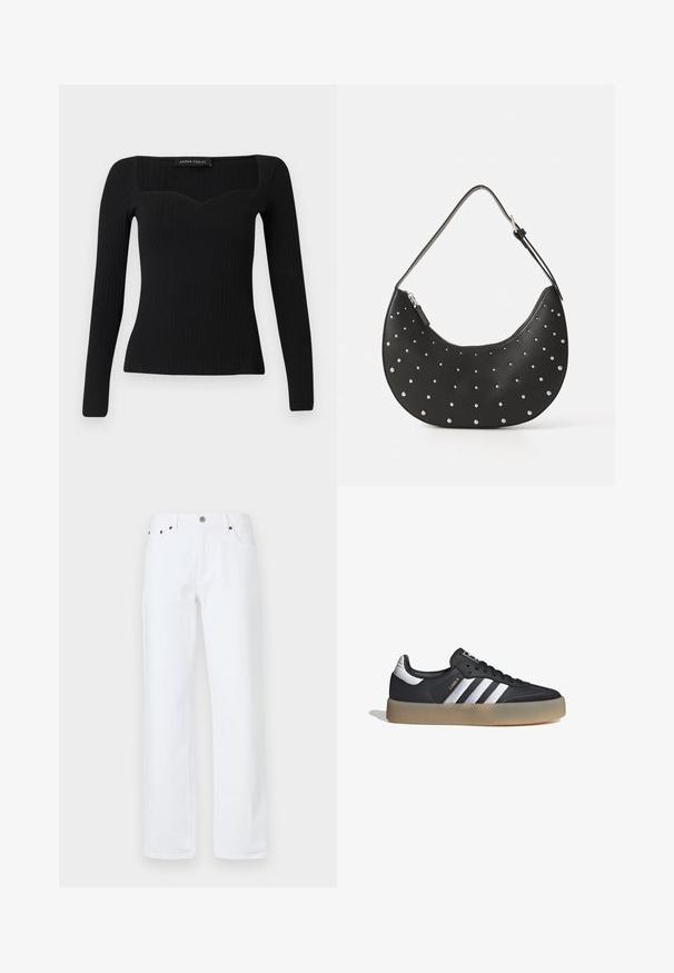 Top negro de manga larga con canalé y escote cuadrado, que presenta una ligera forma de corazón y un diseño ajustado.; Los vaqueros de denim blanco cuentan con un ajuste relajado, pierna recta, diseño de cinco bolsillos, cierre frontal con botón y remaches en tono cobre.; Zapatilla deportiva de cuero negro con tres rayas plateadas, punta texturizada y suela de goma. Cuenta con un collar acolchado y un diseño con cordones.; Bolso de mano de cuero negro con forma curva, adornado con tachuelas plateadas, cuenta con cierre de cremallera y una sola correa ajustable.