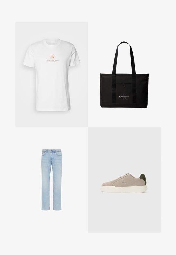 T-shirt en coton blanc avec un col rond, comportant un logo imprimé dans des tons orange et doré, centré sur la zone de la poitrine.; Jean denim bleu clair coupe droite avec bouton sur le devant, fermeture éclair et design cinq poches, présenté sur fond blanc.; Baskets en suède beige avec une semelle en caoutchouc blanche, présentant un accent de talon vert foncé et une branding subtile sur le côté.; Sac cabas noir Calvin Klein avec deux longues poignées et une poche avant, avec le logo de la marque en blanc et gris.