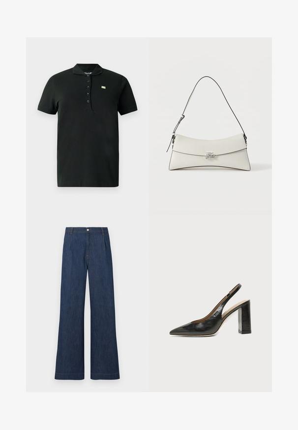 Polo noir en tissu doux ; présente un col, des manches courtes, une patte de boutonnage à six boutons et un petit logo vert sur la poitrine.; Jeans en denim bleu foncé à jambes larges, avec des plis à l'avant, des passants pour ceinture et une fermeture par bouton à la taille.; Chaussure slingback en cuir noir à bout pointu avec un talon bloc haut et une doublure intérieure beige sur un fond clair uni.; Sac à bandoulière en cuir blanc avec rabat incurvé, bordure noire, sangle réglable et boucle décorative argentée sur fond uni.