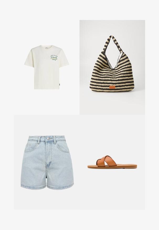 T-shirt en coton crème clair avec un col rond, des manches courtes, et un motif texte couleur sarcelle avec les accents "UNDER THE SUN" et "O’Neill Surf".; Shorts en jean bleu clair à taille haute avec boutons sur le devant, fermeture éclair et deux poches avant sur fond uni.; Sandale diapositive en cuir marron avec des lanières croisées, semelle plate, texture lisse et caractéristiques de design minimaliste pour un usage décontracté.; Sac tissé rayé en noir et beige, avec un design décontracté, une surface texturée et une petite pièce en cuir en accent.