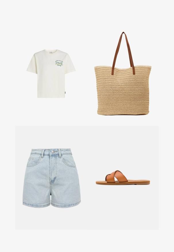 T-shirt en coton crème clair avec un col rond, des manches courtes, et un motif texte couleur sarcelle avec les accents "UNDER THE SUN" et "O’Neill Surf".; Shorts en jean bleu clair à taille haute avec boutons sur le devant, fermeture éclair et deux poches avant sur fond uni.; Sandale diapositive en cuir marron avec des lanières croisées, semelle plate, texture lisse et caractéristiques de design minimaliste pour un usage décontracté.; Sac en paille tressée de forme cylindrique, de couleur beige clair, avec une surface texturée et des sangles en simili cuir marron.
