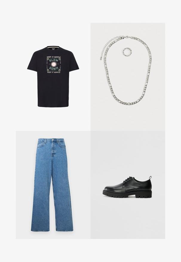 Μαύρο βαμβακερό T-shirt με πολύχρωμο γραφικό σχέδιο που περιλαμβάνει το κείμενο "ΔΙΑΤΗΡΗΣΕ ΤΟ ΑΠΛΟ" και "ΕΠΙΒΑΛΕ ΜΕΝΑ" περιτριγυρισμένο από κυκλικά μοτίβα.; Μπλε τζιν παντελόνι με ψηλή μέση και φαρδιά μπατζάκια, με κουμπιά μπροστά, φερμουάρ, θηλιές για ζώνη και τσέπες μπροστά και πίσω.; Μαύρο δερμάτινο παπούτσι με στρογγυλή μύτη, διαθέτει σχέδιο με κορδόνια, ανθεκτική μαύρη καουτσούκ σόλα και μια μικρή ταμπακιέρα στο πίσω μέρος.; Σετ κοσμημάτων σε ασημί τόνο που περιλαμβάνει μια χοντρή αλυσίδα κολιέ με κούμπωμα αχιβάδας και ένα αντίστοιχο κείμενο δαχτυλίδι. Και τα δύο κομμάτια είναι λαμπερά και μεταλλικά.