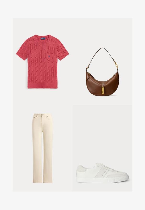 Pull en maille rose à manches courtes avec motif torsadé, petite poche avant et logo Polo Ralph Lauren bleu sur la poche.; Jean droit couleur crème avec fermeture par boutons à l'avant et style cinq poches sur un fond uni.; Basket blanche avec une tige en cuir lisse, des accents en suède et des lacets plats. Dispose d'une semelle en caoutchouc texturée et d'un design minimaliste.; Sac à main en cuir marron en forme de croissant avec une seule bandoulière et une étiquette rectangulaire dorée comportant un logo de cheval.