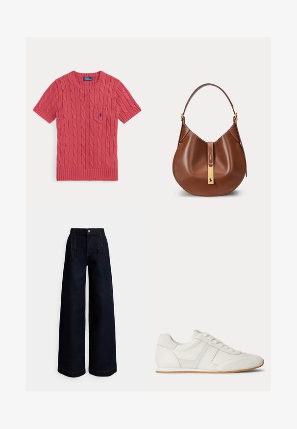 Pull en maille rose à manches courtes avec motif torsadé, petite poche avant et logo Polo Ralph Lauren bleu sur la poche.; Jean en denim foncé à jambes larges avec taille haute, plis à l'avant, surpiqûres contrastantes orange et fermeture par bouton à la taille.; Baskets basses blanches avec laçage à l'avant, panneaux en daim et cuir, et une semelle en caoutchouc marron clair sur fond blanc.; Sac à main en cuir marron avec une forme incurvée, une bandoulière unique et une fermeture rectangulaire dorée avec un petit logo cheval sur le devant.