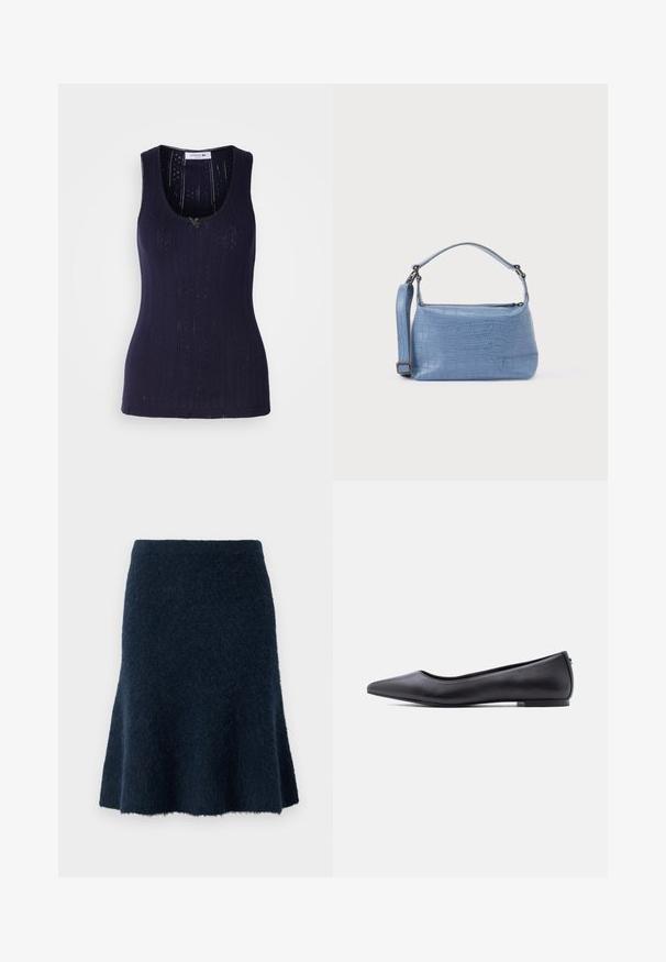 Débardeur bleu marine avec une texture côtelée, présentant des détails perforés et une encolure en forme de scoop. Fini avec un petit accent vert.; Jupe en laine marine avec une texture douce et duveteuse, en forme de A évasée, et taille ajustée, présentant un léger éclat et une ligne d'ourlet propre.; Chaussure plate en cuir noire à bout pointu avec petit talon, vue de profil sur fond blanc.; Sac à main bleu clair embossé façon crocodile avec une poignée courte et une bandoulière amovible. Texture lisse avec une fermeture éclair.