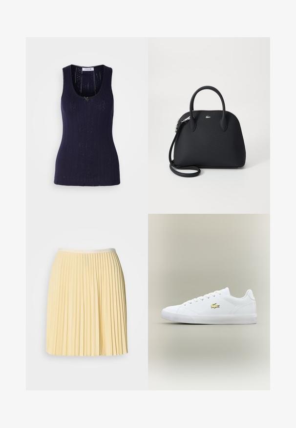 Débardeur bleu marine avec une texture côtelée, présentant des détails perforés et une encolure en forme de scoop. Fini avec un petit accent vert.; Jupe plissée jaune pâle avec une taille portant le logo Lacoste. Fabriquée en matériau léger, elle présente un design fluide et une texture douce.; Baskets blanches en cuir lisse avec un embout arrondi, des lacets plats et un petit logo doré. Présente une semelle en caoutchouc texturée et un design sobre.; Sac à main noir en matériau texturé, doté de deux poignées supérieures et d'une bandoulière amovible, avec un accent logo en argent.