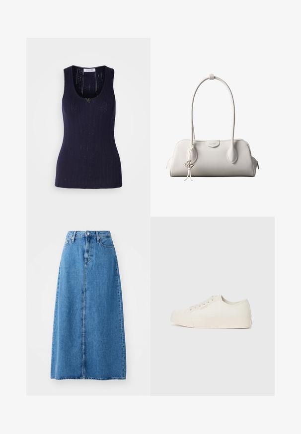 Marineblauwe tanktop met een geribbelde textuur, voorzien van geperforeerde details en een ronde hals. Afgewerkt met een klein groen accent.; Blauwe denim maxi rok met een sluiting met knopen aan de voorkant, twee zakken en een rechte vorm met een rauwe zoom. Klassiek en veelzijdig.; Sneakers van off-white canvas, met een laag ontwerp, ronde neus en platte rubberen zool met subtiele stiksels.; Witte Calvin Klein schoudertas met lange hengsels, rechthoekige vorm, ritssluiting en decoratieve logohanger bij het hengsel.