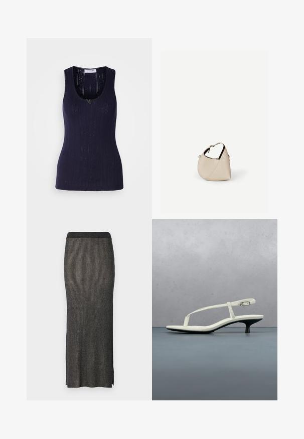 Débardeur bleu marine avec une texture côtelée, présentant des détails perforés et une encolure en forme de scoop. Fini avec un petit accent vert.; Jupe midi en tricot gris foncé avec des côtes verticales, une silhouette ajustée et des fentes à l'ourlet pour plus de liberté de mouvement. Tissu doux et texturé.; Sandale blanche à talon kitten avec des lanières et un bout pointu, flottant au-dessus d'un sol en carrelage en bois en plein air avec un arrière-plan flou de plante et de mur.; Sac à main en cuir beige en forme de croissant avec une seule bandoulière et des coutures minimalistes, posé sur un fond blanc uni.
