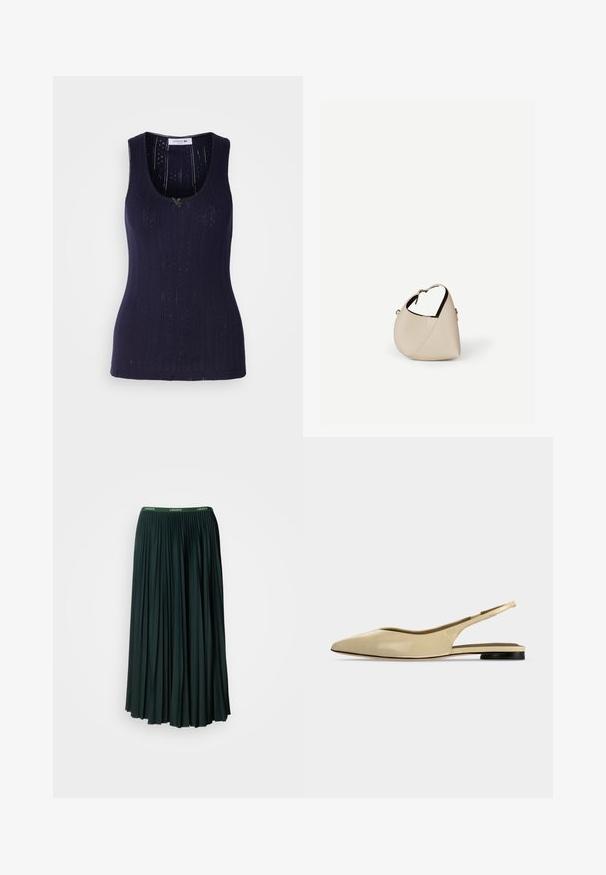 Marineblauwe tanktop met een geribbelde textuur, voorzien van geperforeerde details en een ronde hals. Afgewerkt met een klein groen accent.; Lange, geplooide rok in donkergroen met een brede tailleband met de merknaam "LACOSTE" in contrasterende groene letters.; Beige platte slingback schoen met puntige neus, lage zwarte hak en een glad leren afwerking, zijaanzicht op een effen achtergrond.; Beige leren handtas in halvemaanvorm met een enkele schouderband en minimale stiksels, afgebeeld tegen een effen witte achtergrond.