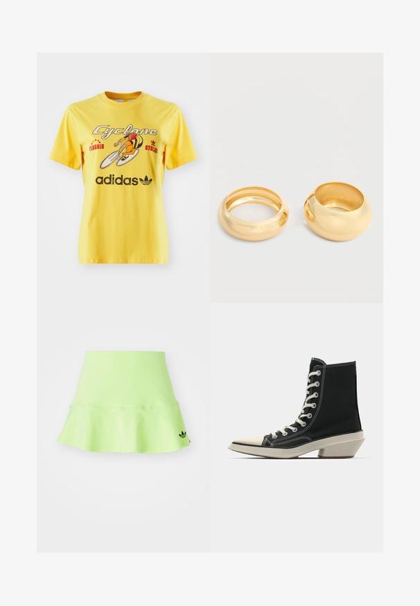 Žlté bavlnené tričko s grafikou bicykla, textom "Cyclone" a logom Adidas umiestneným na spodnej časti. Krátke rukávy.; adidas Originals SKIRT - Minisukňa - signal green; Čierna vysoká plátková topánka s bielymi šnúrkami, krémovou špičkou a charakteristickým uhlovým krémovým podpätkom. Bielymi švami.; Dva široké, hladké, lesklé zlaté prstene s zaoblenými hranami umiestnené vedľa seba na svetlom pozadí.