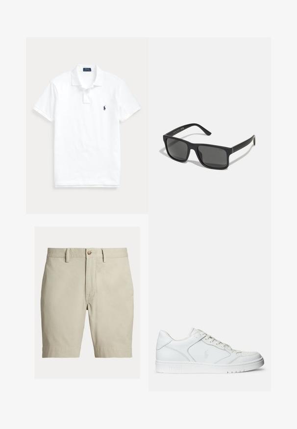 Hvid polo t-shirt med korte ærmer, krave, to-knaps lukning og lille mørkeblå logo på venstre bryst.; Beige knælange shorts med bæltestropper, knaplukning og lynlås, vist mod en hvid baggrund.; Hvide lædersneakers med en glat tekstur, der har en perforeret tå, snørebåndslukning og broderet logo på siden. Hvid gummisål.; Sorte rektangulære solbriller med mørke linser og mat finish. Har et præget "POLO"-logo på stængerne og et robust rammedesign.