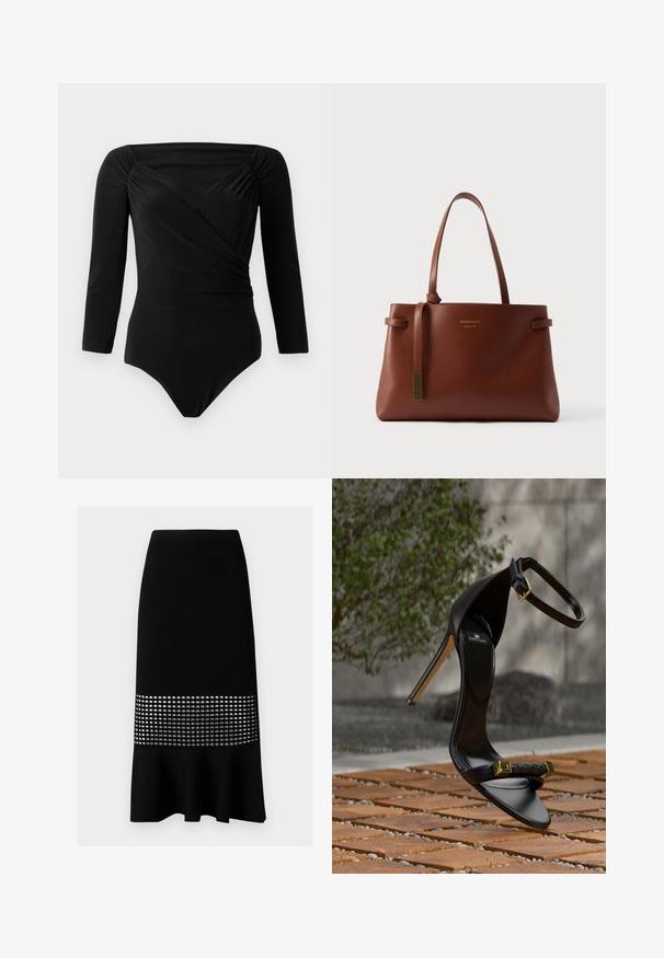 Must mustriga mustööpäraga must bodysuit, millel on keerutusdisain, r gathered accents õlgadel, sile tekstuur ja sügav dekoltee.; Mustad ribadega füüsiline seelik, millel on laienev serv ja keskmises osas hõbedased ringikujulised lõiked. Siledat materjali, keha külge liibuv disain.; Mustad kõrge kontsaga sandaal pahkluu rihmaga ja kuldse pandlaga, esiosa punutud rihm kuldsete detailidega, hõljub puidust ja kivist plaatidega põranda kohal.; Pruun nahast kandekott kahete pikkade sangadega, elegantse ristkülikukujulise vormiga ja väikese dekoratiivse tutiga. Omaduses on peened logo detailid.