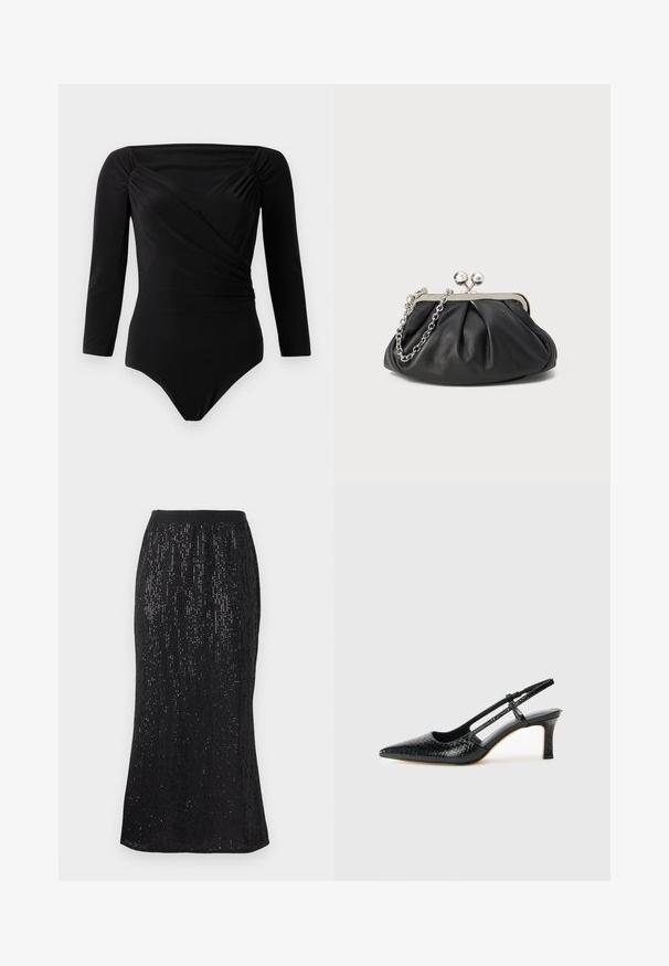 Bodysuit negro de manga larga, con diseño envolvente, detalles fruncidos en los hombros, textura suave y escote profundo.; Falda negra con una cintura ajustada, adornada con lentejuelas verticales para un aspecto texturizado. El dobladillo curva ligeramente, creando una silueta estilizada.; Tacón slingback negro de charol con punta afilada, que presenta un estampado de serpiente texturizado, correa ajustable y un tacón bloque corto y texturizado.; Clutch de cuero negro con textura arrugada, marco de metal en tono plateado, cierre de beso y cadena para colgar. Superficie suave y lisa.