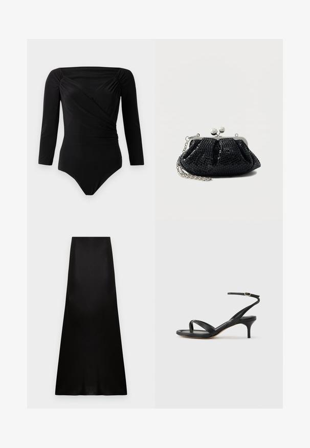 Bodysuit negro de manga larga, con diseño envolvente, detalles fruncidos en los hombros, textura suave y escote profundo.; Falda larga de satén negro con cintura alta y dobladillo ligeramente acampanado sobre fondo blanco.; Sandalia negra de cuero para mujer con tiras finas, un lazo para el dedo del pie, hebilla en el tobillo y tacón de aguja de altura media sobre un fondo neutro.; Bolso de mano negro con lentejuelas, marco plateado, diseño plisado y correa de cadena. Cuenta con dos cierres esféricos en la parte superior.