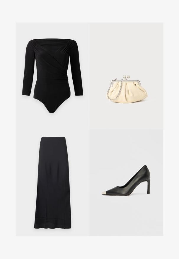 Sort langærmet bodysuit med draperet design, samlede detaljer ved skuldrene, glat tekstur og dyb udskæring.; Sort nederdel i gulvlængde lavet af glat stof; har et elegant, strømlinet design uden ekstra mønstre eller pynt.; Sort læder højhælet sko med spids tå og metal-sølv hætte. Har en glat finish og en slank hæl på 10 cm.; Plisseret beige læderclutch med en sølvmetalramme, der har to runde dekorative låse og en sølvkædetrasporte.