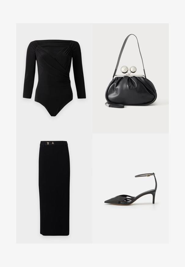 Sort langærmet bodysuit med draperet design, samlede detaljer ved skuldrene, glat tekstur og dyb udskæring.; AERON FORUM - Pencil skirt - black; Sort læder højhælet sko med spids tå, åbne sider og en tynd ankelrem med en lille guld detalje.; Sort læderhåndtaske med opsamlet design, en enkelt rem, sølv metalramme og to store runde sølv lukninger.