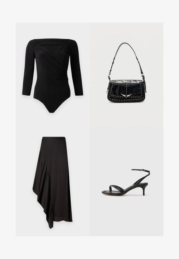 Sort langærmet bodysuit med draperet design, samlede detaljer ved skuldrene, glat tekstur og dyb udskæring.; AERON ASTER SKIRT - Pencil skirt - black; Sort damesandal i læder med tynde remme, en tå-loop, ankelspænde og en mellemhøj stiletthæl på en neutral baggrund.; Sort læder skuldertaske med sølvlignende nitter og vingeformet metalemblem på frontklappen mod en ensfarvet baggrund.