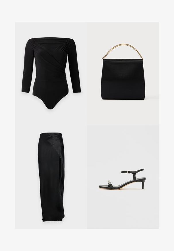 Zwarte lange mouwen bodysuit, met een wikkelontwerp, geplooide accenten op de schouders, een gladde textuur en een diepe halslijn.; Zwarte satijnen maxirok met een zijopening, gladde textuur en gedrapeerd ontwerp. Heeft een hoge taille en vloeiende silhouet.; Zwarte leren sandaal met hak, enkelbandje, open neus, vierkante voorkant en zilverkleurige accenten. Gesloten ontwerp met een slank profiel.; Zwarte tas van gladde stof met een gestructureerde vorm, een handvat van gouden ketting en een minimalistisch geometrisch ontwerp.