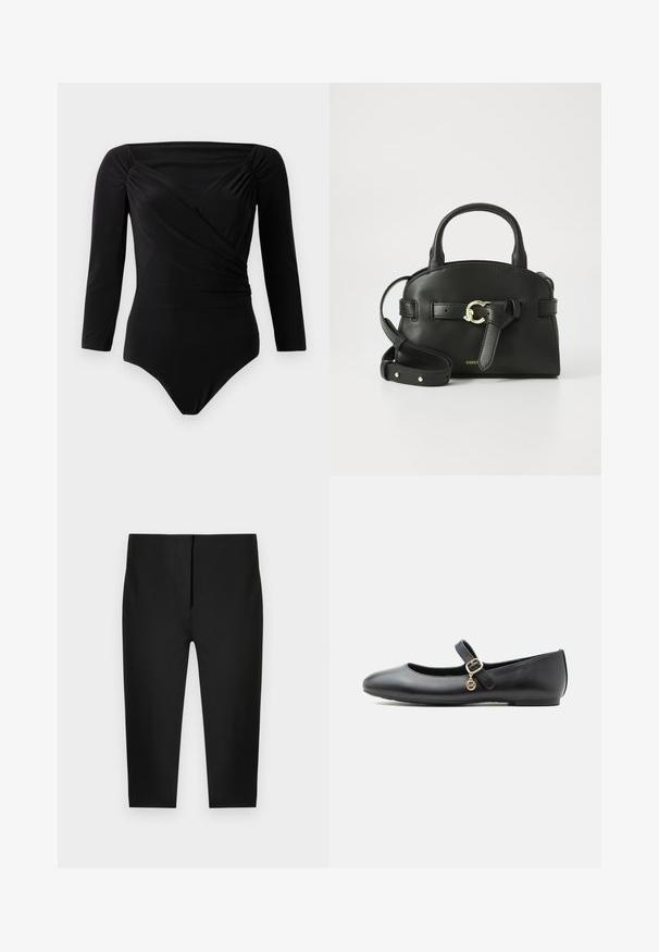 Sort langærmet bodysuit med draperet design, samlede detaljer ved skuldrene, glat tekstur og dyb udskæring.; Sorte, slanke bukser til ankellængde med skjult frontlukning, vist mod en ensfarvet lys baggrund.; Sort Mary Jane-lædersko med flad sål, lille guldbælte og rund vedhæng på hvid baggrund.; Sort læderhandtaske med en struktureret form, korte håndtag og en aftagelig skulderrem. Har guld-tonet hardware og en sløjfedetalje.