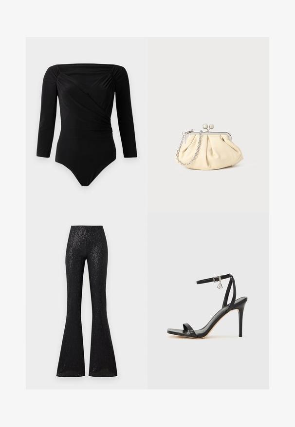 Sort langærmet bodysuit med draperet design, samlede detaljer ved skuldrene, glat tekstur og dyb udskæring.; Sort flagrende bukser med et tekstureret, let skinnende stof, der har lodrette striber. Taljen er elastisk, hvilket øger komforten og pasformen.; Sort hæl-sandal med smal ankrem, firkantet tå-boks, glat lædermateriale og metalspænde som pynt.; Plisseret beige læderclutch med en sølvmetalramme, der har to runde dekorative låse og en sølvkædetrasporte.