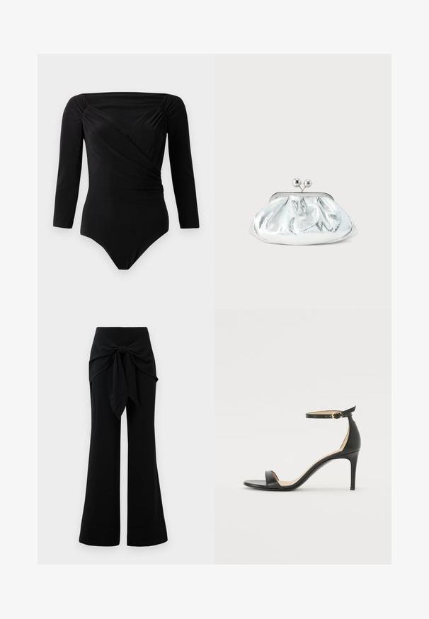 Bodysuit negro de manga larga, con diseño envolvente, detalles fruncidos en los hombros, textura suave y escote profundo.; Pantalones de pierna ancha negros con detalle de lazo en la cintura. Fabricados con un tejido suave, que presenta una textura lisa y líneas limpias. Dobladillo ligeramente acampanado.; Sándalo de tacón alto de piel negra con tiras en el tobillo. Presenta una textura suave, puntera abierta y un tacón delgado. Detalles de hebilla en tono dorado.; Pequeño bolso de mano metálico plateado con diseño redondeado y fruncido y cierre de broche con dos esferas plateadas.