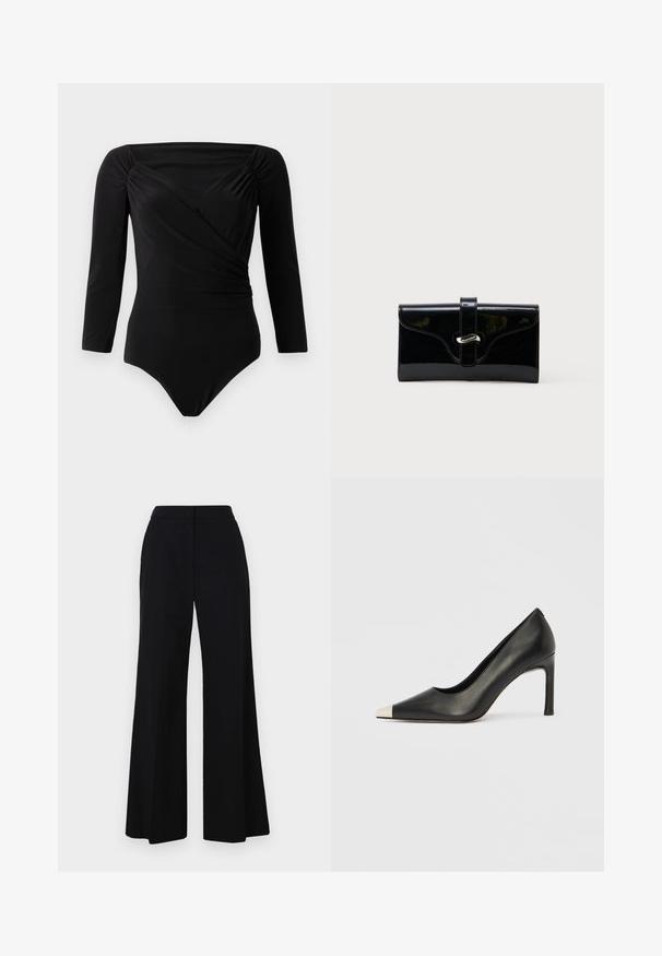 Zwarte lange mouwen bodysuit, met een wikkelontwerp, geplooide accenten op de schouders, een gladde textuur en een diepe halslijn.; Zwarte wijde broek met hoge taille, gemaakt van zachte stof en met strakke lijnen. Geen zichtbare hardware of patronen.; Zwarte leren hoge hak met een spits toelopende neus en een metalen zilverkleurige kap. Heeft een gladde afwerking en een slanke hak van 10 cm.; Zwart glanzend rechthoekig portemonnee met een voorstrik en zilveren metalen sluiting, geplaatst tegen een effen witte achtergrond.