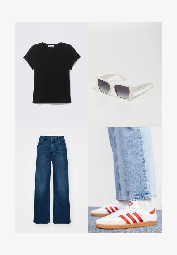 T-shirt noir à manches courtes et col en V avec l'étiquette "WEEKDAY" sur le col, posé à plat sur un fond gris clair.; Jeans taille haute et à jambes larges en denim bleu foncé avec une texture lisse, des coutures contrastantes et un design à cinq poches. Fermeture à bouton à l'avant.; Baskets en cuir blanc avec des rayures et des accents rouges. Dotées d'une semelle extérieure en gomme texturée et d'un col rembourré. Portées avec un jean en denim bleu clair.; Jimmy Choo Lunettes de soleil - milk