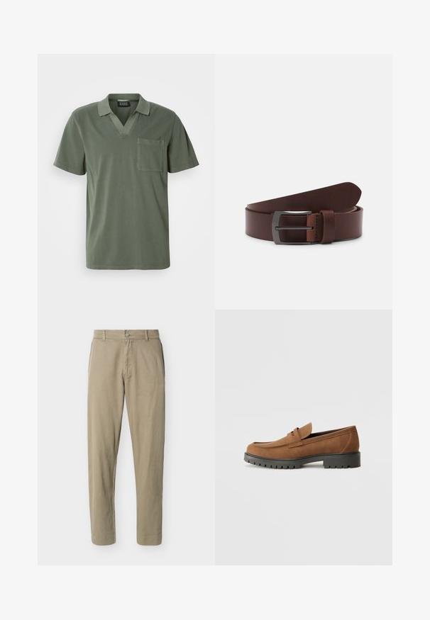 Polo de manga corta en color verde oliva con escote en V, bolsillo en el pecho y una textura suave de algodón. Diseño minimalista con líneas limpias.; Pantalones de algodón beige de corte recto con trabillas para cinturón, cierre frontal con botón y cremallera, mostrados sobre un fondo blanco liso.; Mocasines de ante marrón con punta redondeada y una suela de goma negra baja, que presentan una correa decorativa y detalles de costura en la parte superior.; Cinturón de cuero marrón con textura suave, que presenta una punta curvada y una hebilla metálica rectangular en un acabado oscuro.